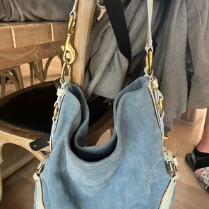 Coach Carly Light Blue Suede Shoulder Bag with Gold Hardware